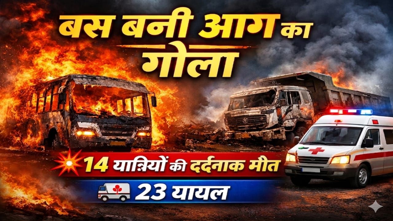 बस-डंपर टक्कर के बाद लगी आग, 14 यात्रियों की जिंदा जलकर मौत, 23 घायल
